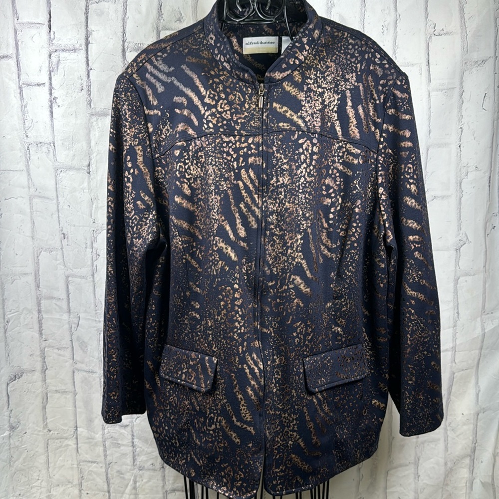 Alfred Dunner Full Front Zip Jacket Light Weight Bronze Metallic Animal Print